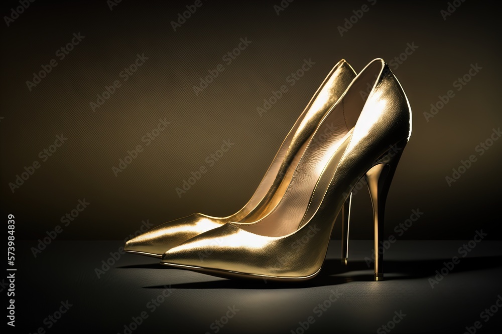  a pair of gold high heeled shoes on a black surface.  generative ai