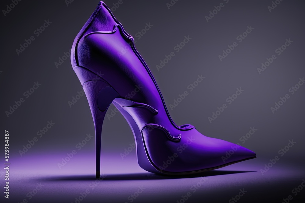  a purple high heeled shoe with a pointed toe on a gray background.  generative ai