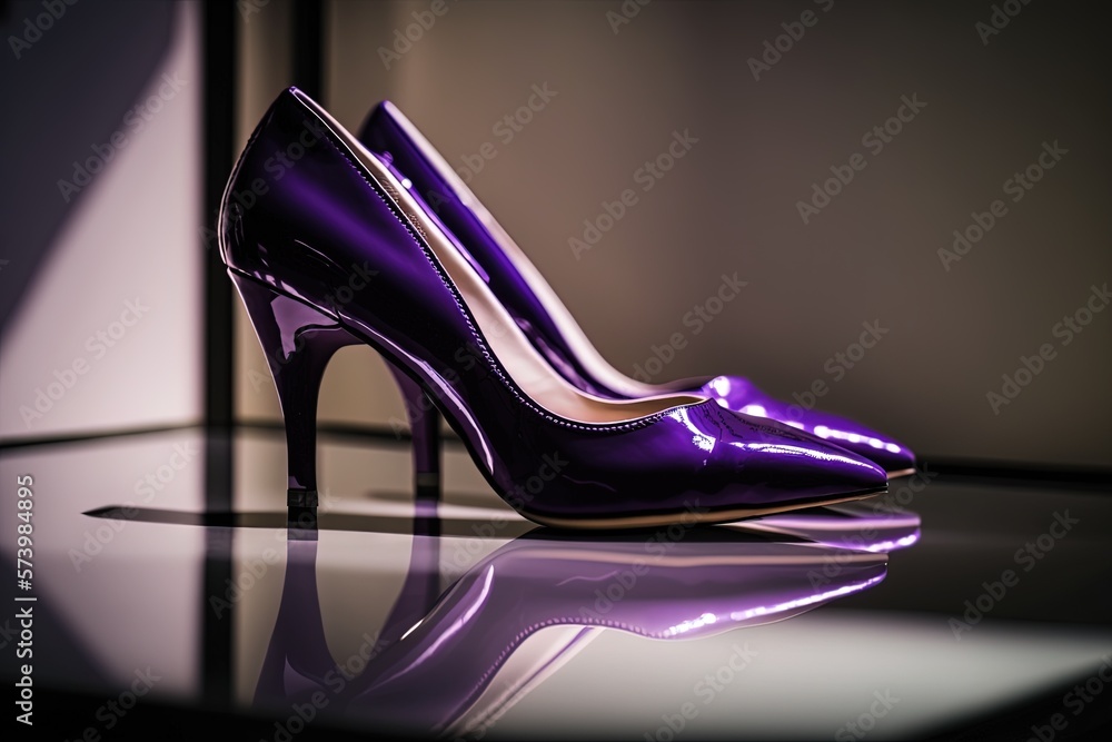  a pair of purple high heeled shoes on a reflective surface.  generative ai