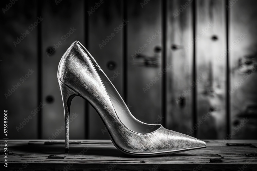  a high heeled shoe sitting on top of a wooden table.  generative ai