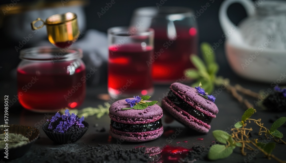  a table topped with purple macaroons next to a cup of tea.  generative ai