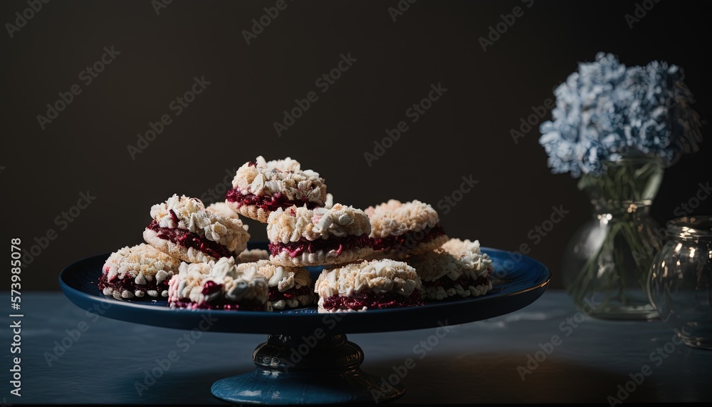  a blue plate topped with cookies covered in cranberry filling.  generative ai