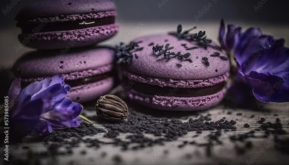  purple macaroons and purple flowers on a table with seeds.  generative ai