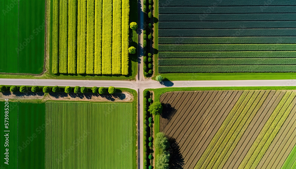 Generative AI, Farm landscape, agricultural fields, beautiful countryside, country road. Nature Illu