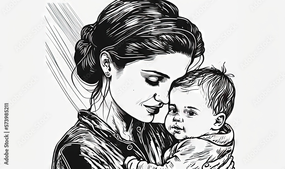  a black and white drawing of a woman holding a baby.  generative ai