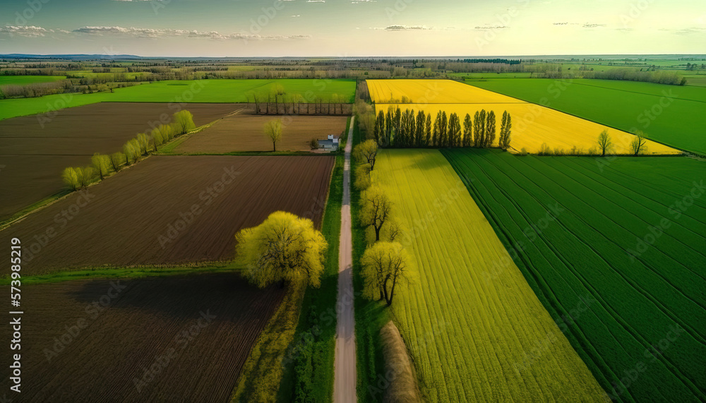 Generative AI, Farm landscape, agricultural fields, beautiful countryside, country road. Nature Illu