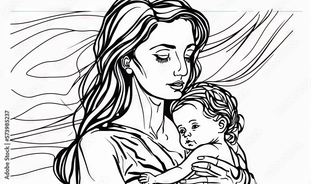  a drawing of a woman holding a baby in her arms.  generative ai