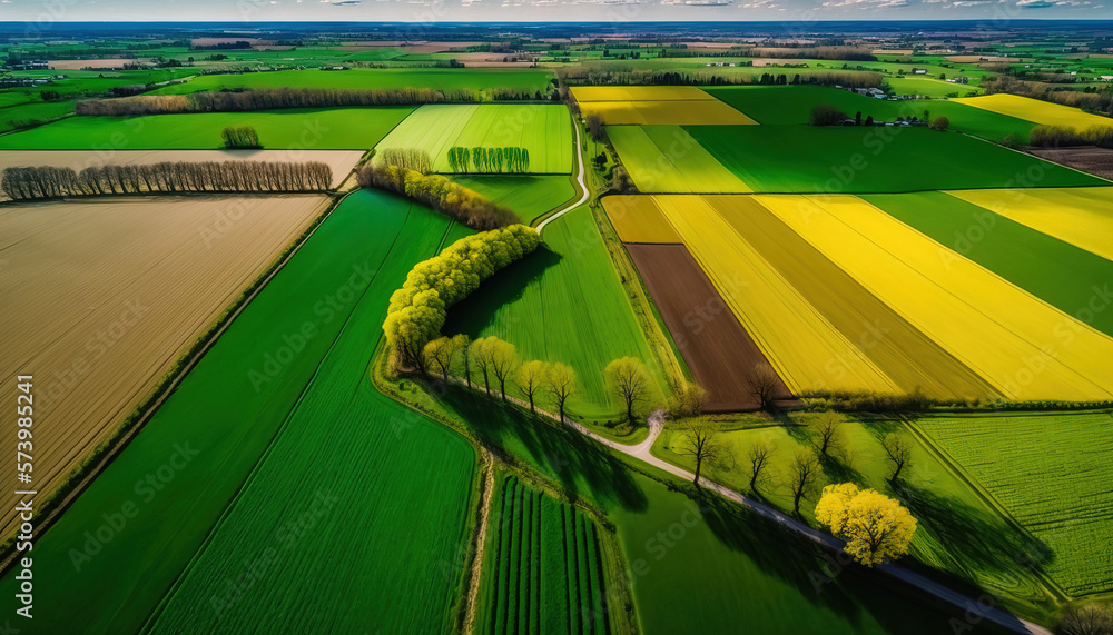 Generative AI, Farm landscape, agricultural fields, beautiful countryside, country road. Nature Illu