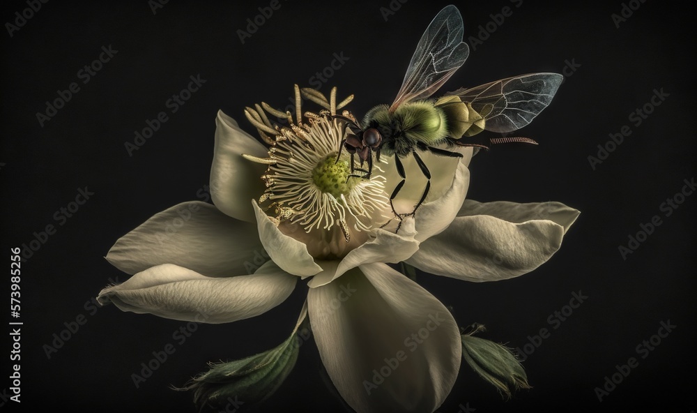  a bee sitting on top of a white flower with a black background.  generative ai