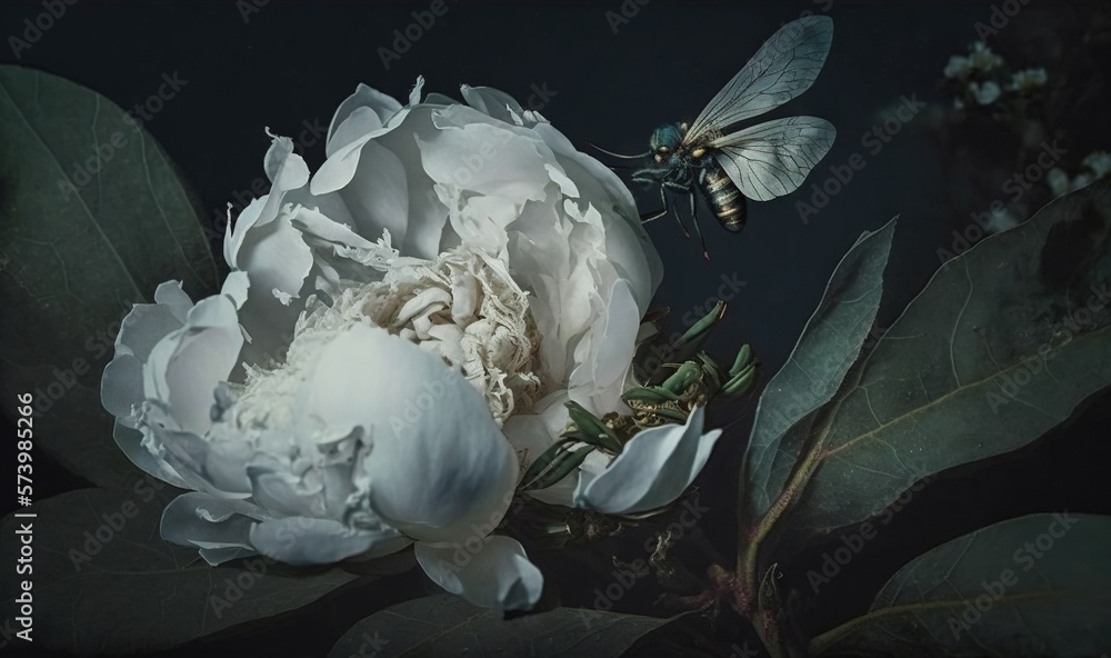  a large white flower with a butterfly on top of it.  generative ai