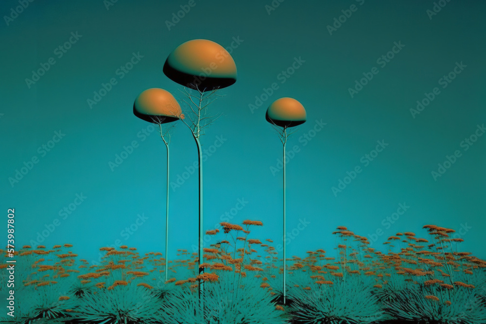  a group of three lamps sitting on top of a lush green field.  generative ai