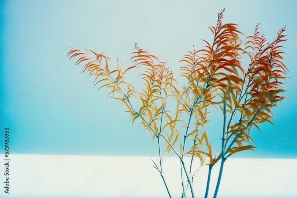  a vase with a plant in it on a table with a sky background.  generative ai