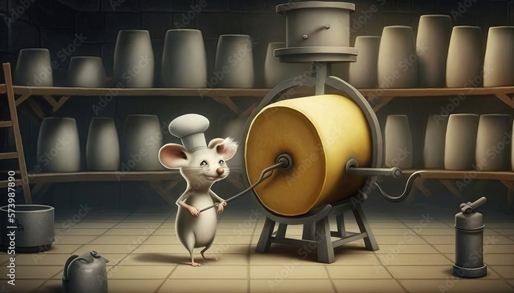  a mouse is holding a large yellow object in front of a machine.  generative ai