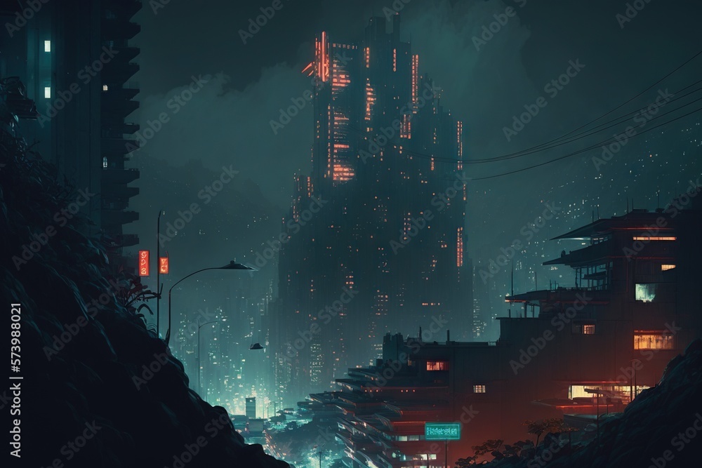  a futuristic city at night with neon lights on the buildings.  generative ai