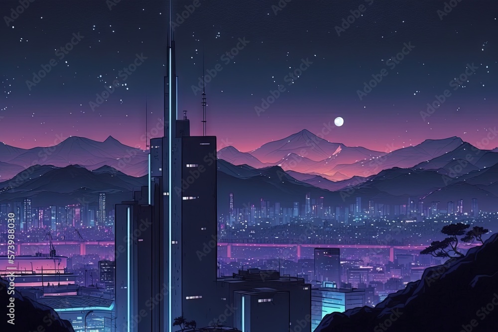  a city skyline with mountains in the background and a full moon in the sky.  generative ai