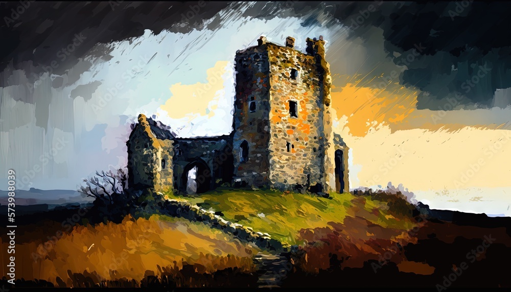  a painting of a castle on a hill with a sky background.  generative ai