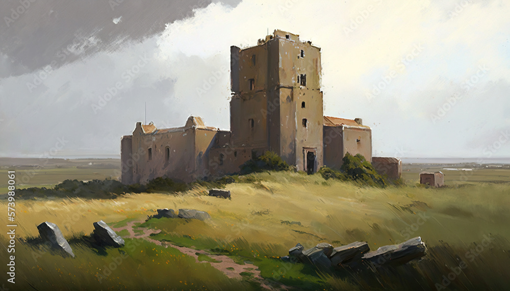  a painting of a castle in the middle of a field.  generative ai