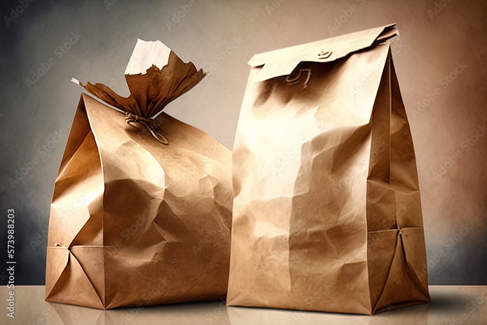  two brown paper bags sitting on top of a table next to each other.  generative ai