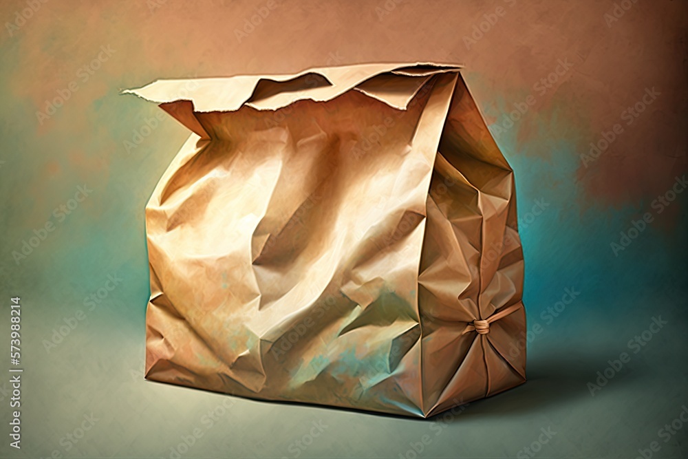  a brown paper bag sitting on top of a blue table.  generative ai