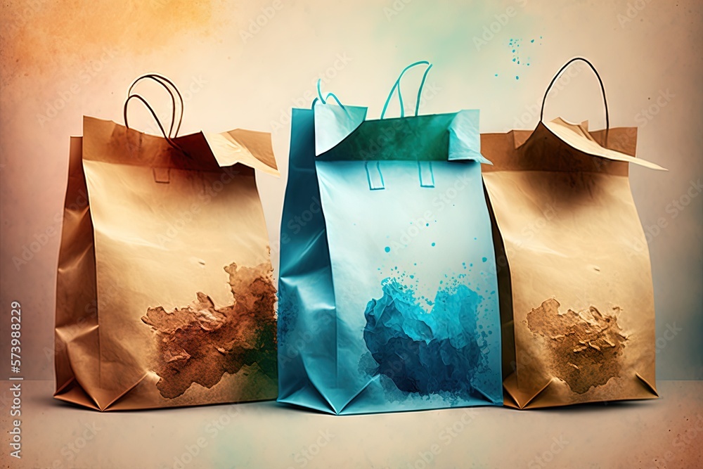  three brown and blue bags with handles on a brown background.  generative ai