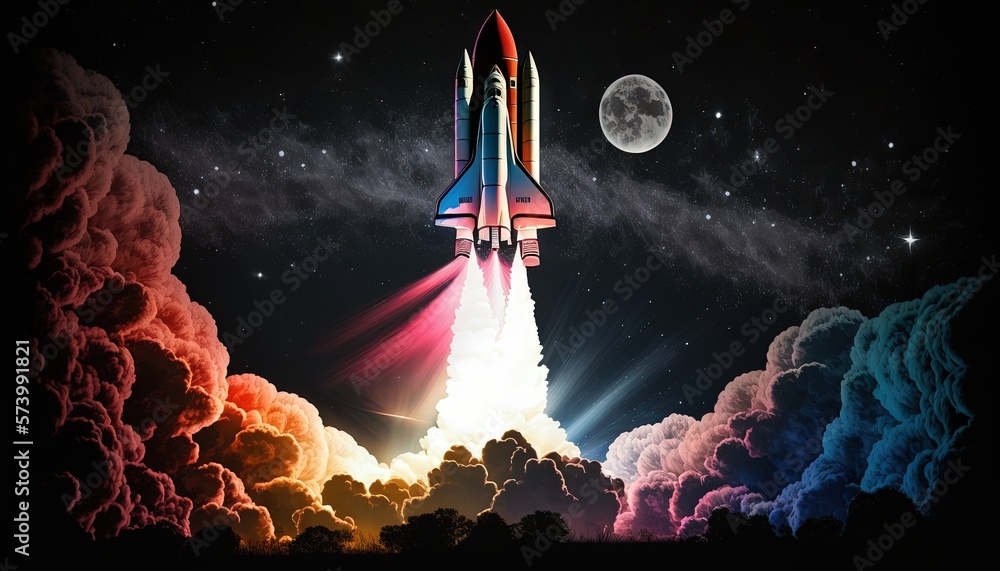  a space shuttle launching into the sky with a full moon in the background.  generative ai