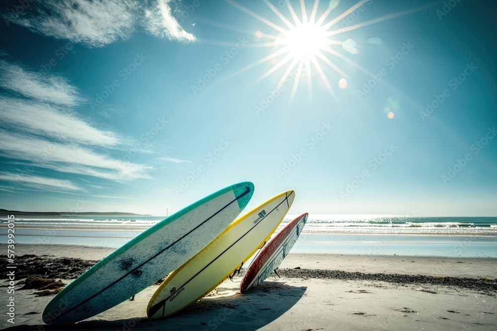  two surfboards leaning against each other on a beach under a bright sun.  generative ai