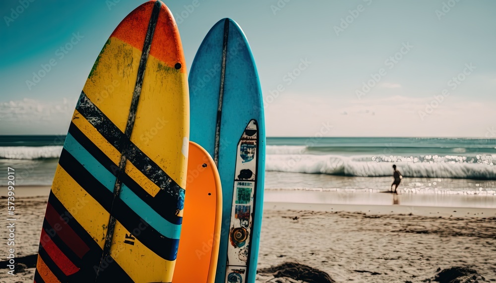  a couple of surfboards that are standing in the sand.  generative ai