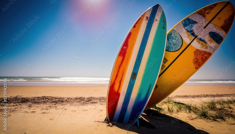  two surfboards leaning against each other on a beach near the ocean.  generative ai