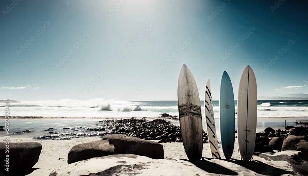  three surfboards leaning against a rock on a beach with the ocean in the background.  generative ai