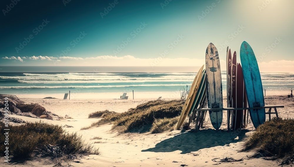  a group of surfboards sitting on top of a sandy beach.  generative ai