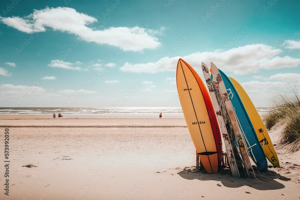  a group of surfboards sitting on top of a sandy beach.  generative ai