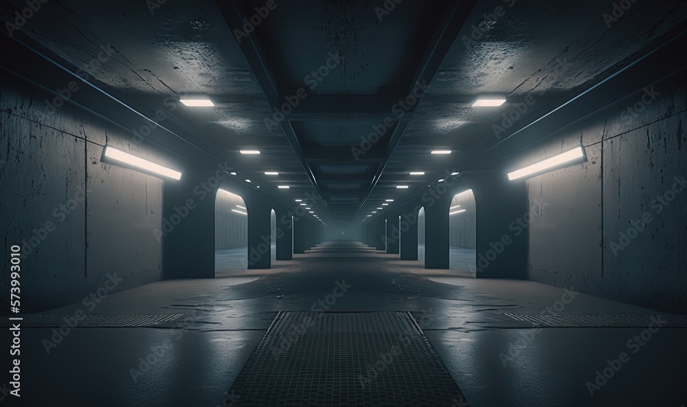  a dark tunnel with lights on the ceiling and a long walkway.  generative ai