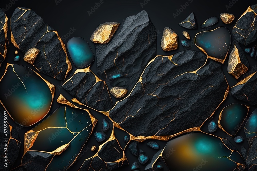  a black and gold background with rocks and gold leaf shapes.  generative ai