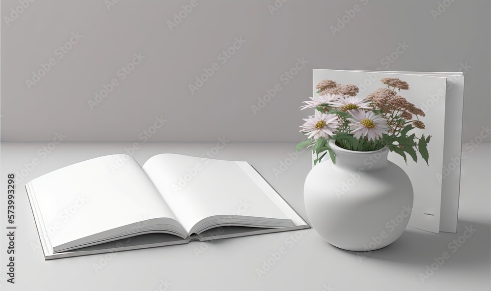  an open book and vase with flowers on a white table.  generative ai