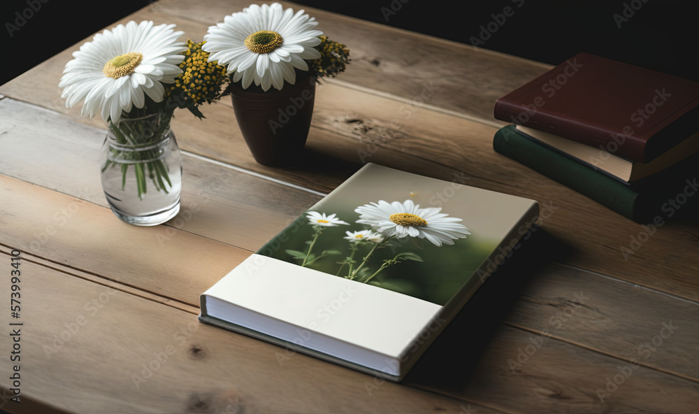  a table with a book and vase of daisies on it.  generative ai