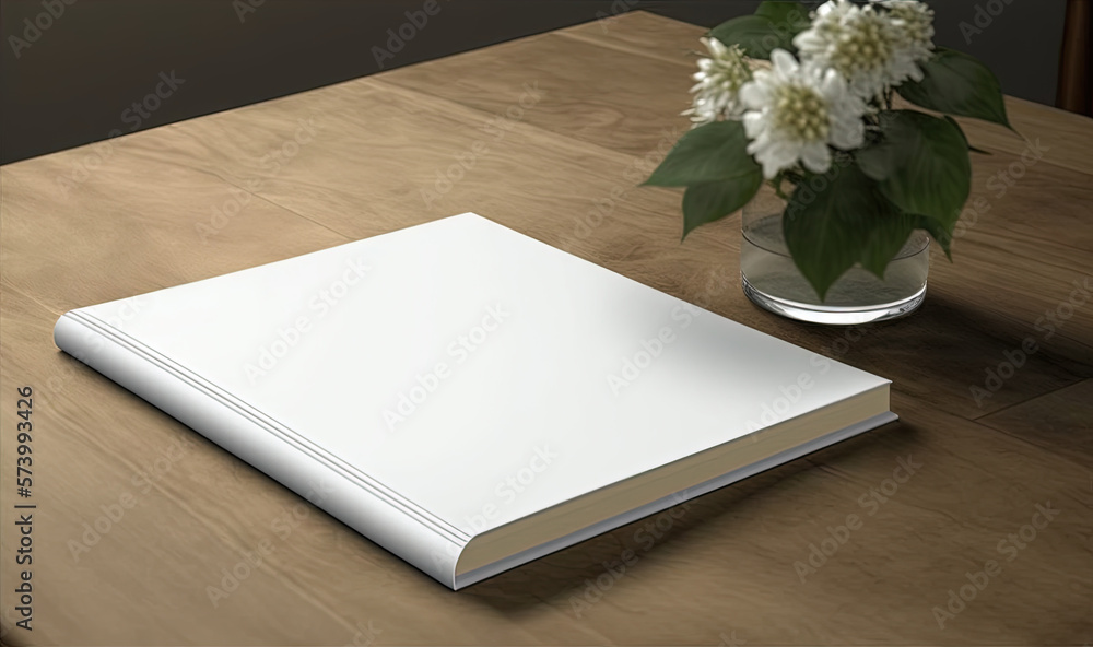  a white book sitting on top of a wooden table next to a vase of flowers.  generative ai