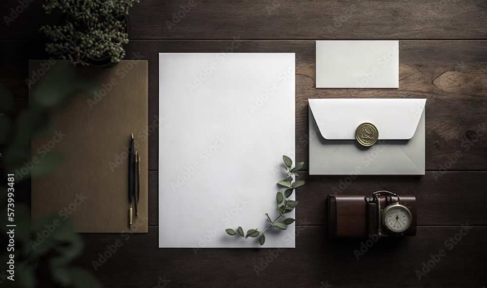  a stationery with a notepad, envelope, watch, and pen on a wooden table.  generative ai