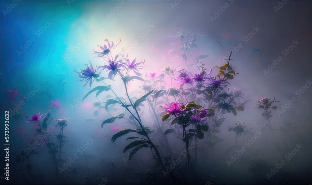  a bunch of flowers that are in the foggy grass.  generative ai