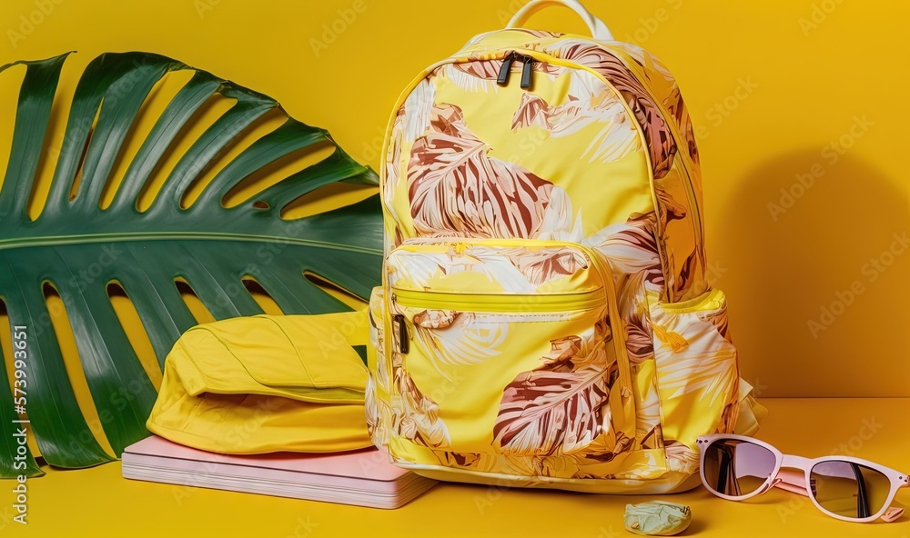  a backpack, sunglasses, and palm leaf on a yellow background.  generative ai