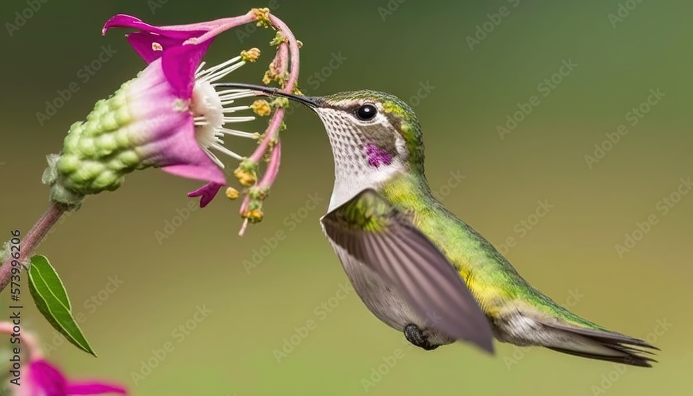  a hummingbird feeding on a flower with its beak open and wings wide open, with a green background a