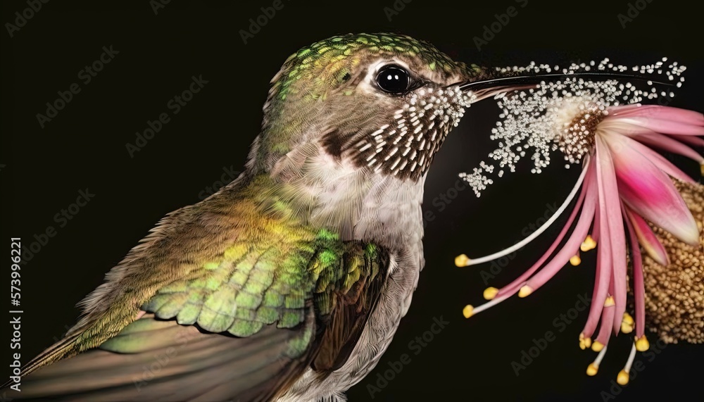  a hummingbird feeding from a flower on a black background with a black background and a black back 