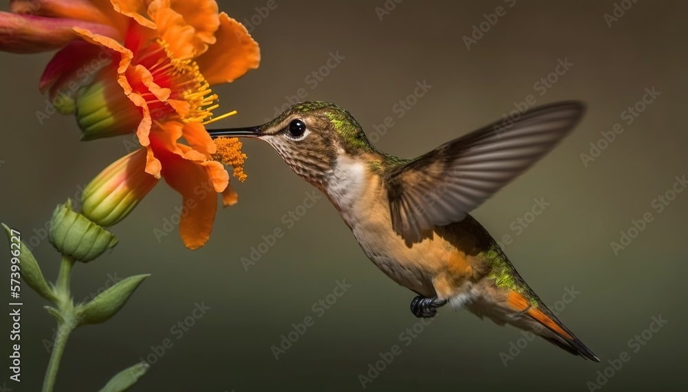  a hummingbird flying towards a flower with its beak open and wings wide open, with its beak open, w