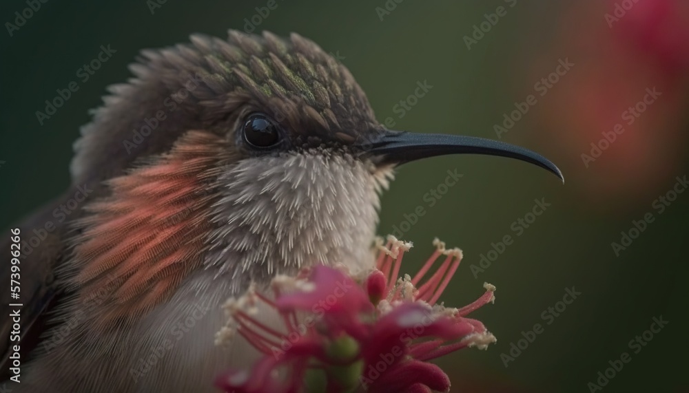  a small bird with a long beak and a flower in its beak, with a blurry background of pink flowers an