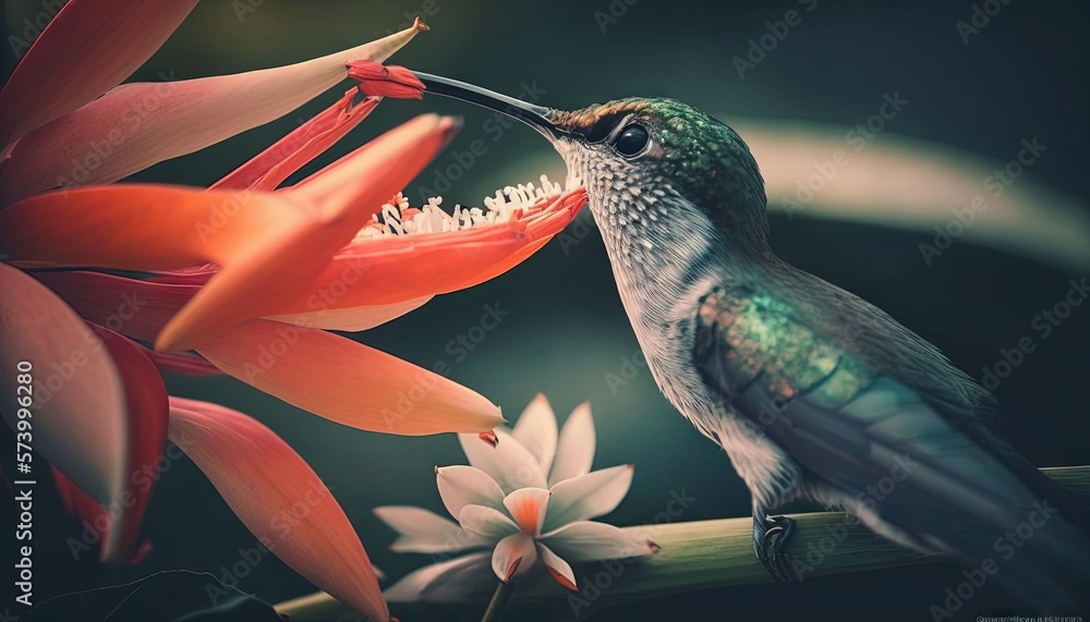  a hummingbird feeding on a flower with a green background and a red and white flower in the foregro