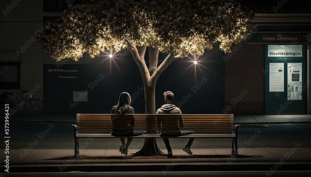  two people sitting on a bench at night under a tree with street lights on the side of the street an