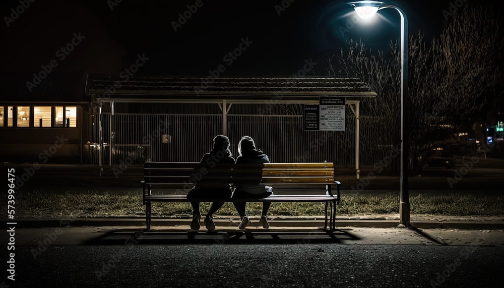  two people sitting on a bench at night under a street light in a dark area with a building in the b