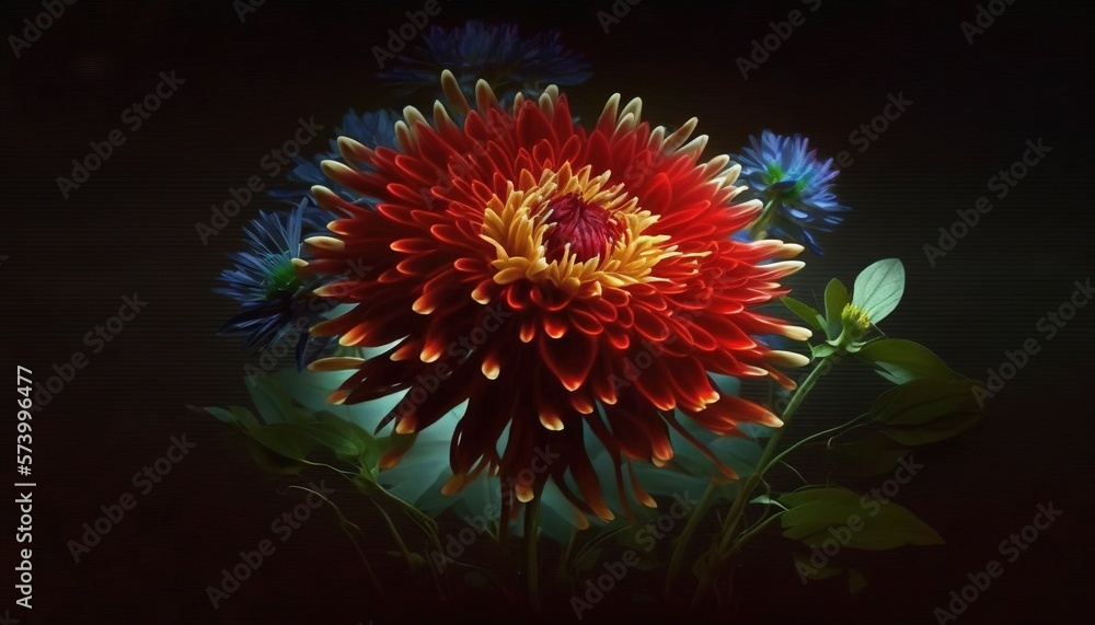  a bouquet of colorful flowers on a dark background with a reflection of the flowers in the water an