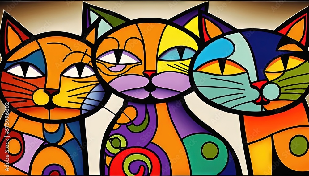  a painting of three cats with different colors on its face and one has its eyes closed and the oth