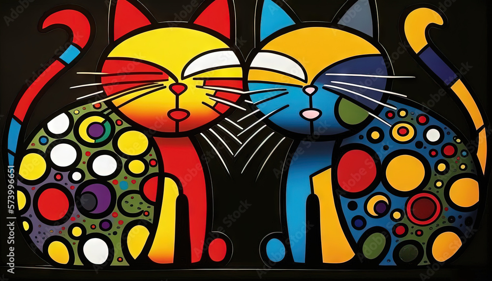  a painting of two cats with different colors and patterns on a black background with a black backgr