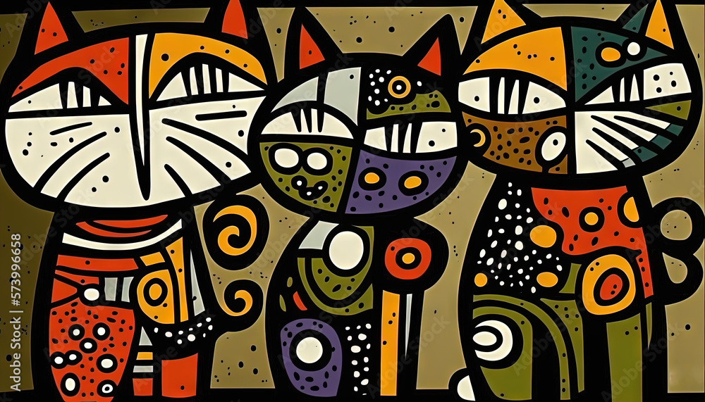  a painting of three cats standing next to each other on a brown background with white dots and line